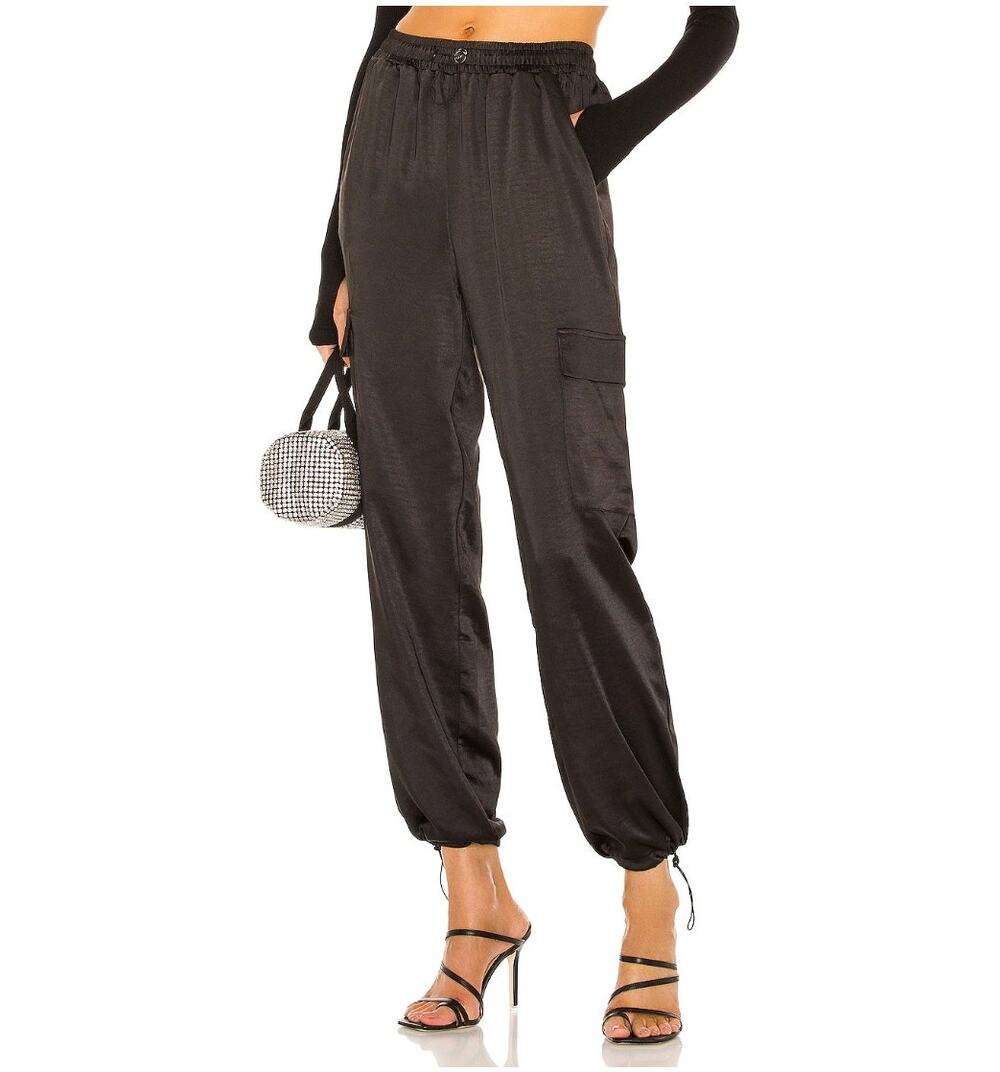 Superdown Black Satin Cargo Pants Wide Leg Drawstring Waist Size XXS Revolve